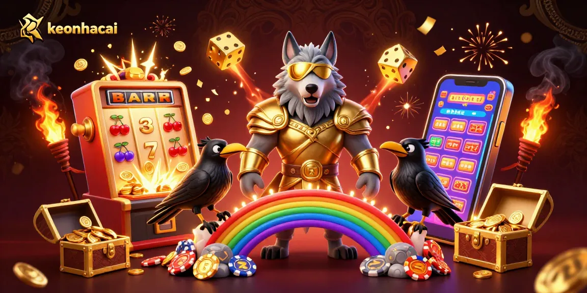 Engage with keonhacai's thrilling slot experience featuring Odin and ravens in a vibrant casino setting.