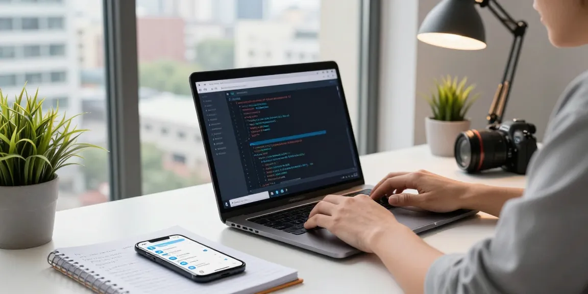 Telegram Download showcased in a tech workspace with developer using app on laptop