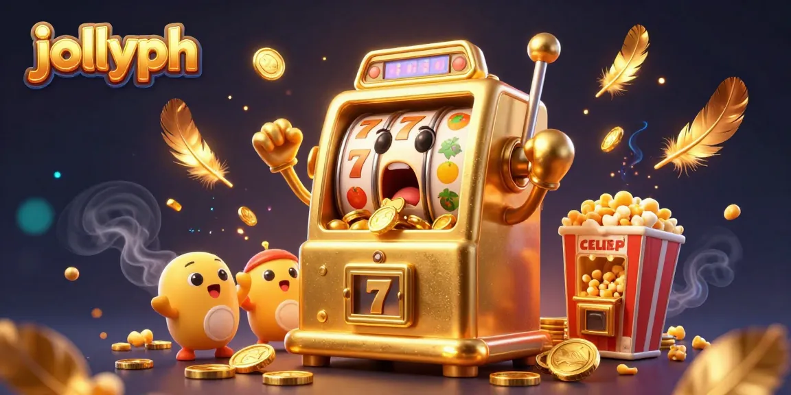 Activate the excitement at jollyph with a captivating 3D illustration of a golden slot machine celebrating a jackpot.