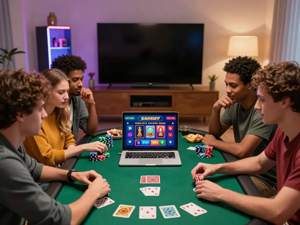 Friends enjoying online gaming at non GamStop casinos around a laptop with snacks and drinks.