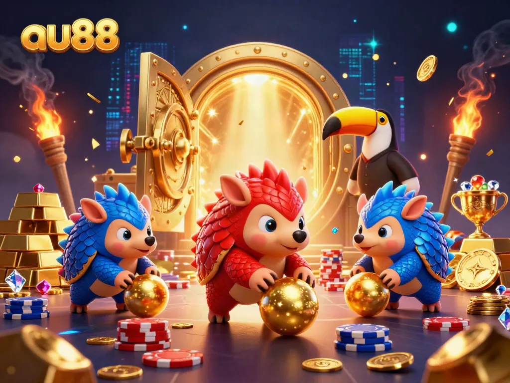 au88 rivals bowling golden balls through poker chips, showcasing vibrant casino action and excitement