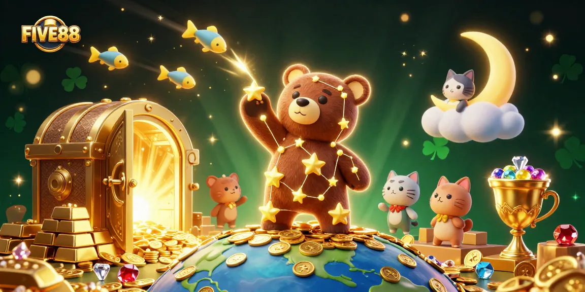 Experience the excitement of FIVE88 as the constellation bear collects coins in a vibrant casino world.