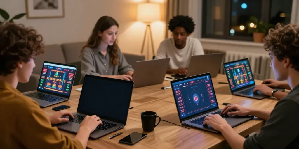 Players enjoying non GamStop casinos on various devices in cozy home settings.
