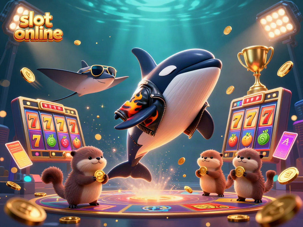 Experience thrilling slot online adventures with a dynamic scene featuring a playful orca and otters amidst colorful slot elements.