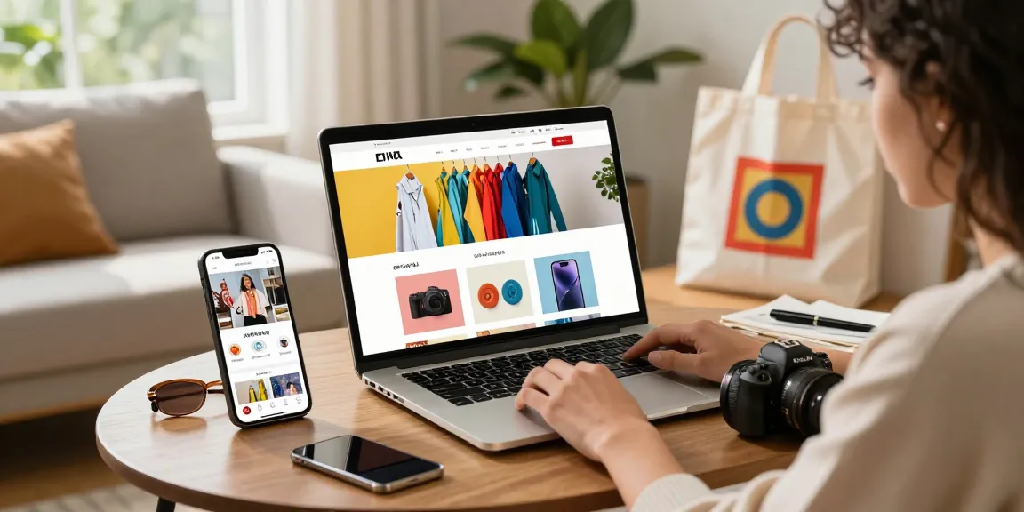 Stylish e-commerce shopping scene featuring a user exploring 123b products online in a cozy home environment.