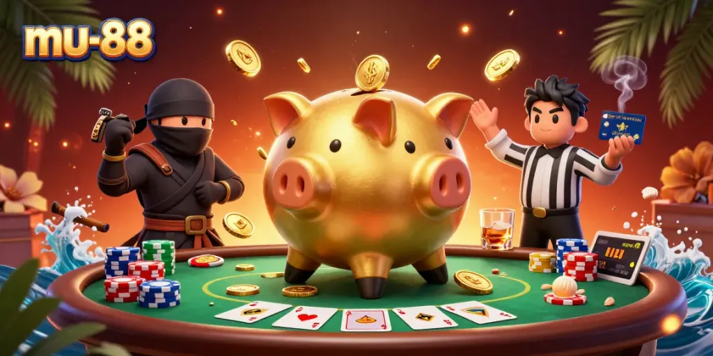 Experience the excitement of mu-88 with a golden piggy bank sumo wrestler, wallet-ninja, and samurai referee in a vibrant casino scene.