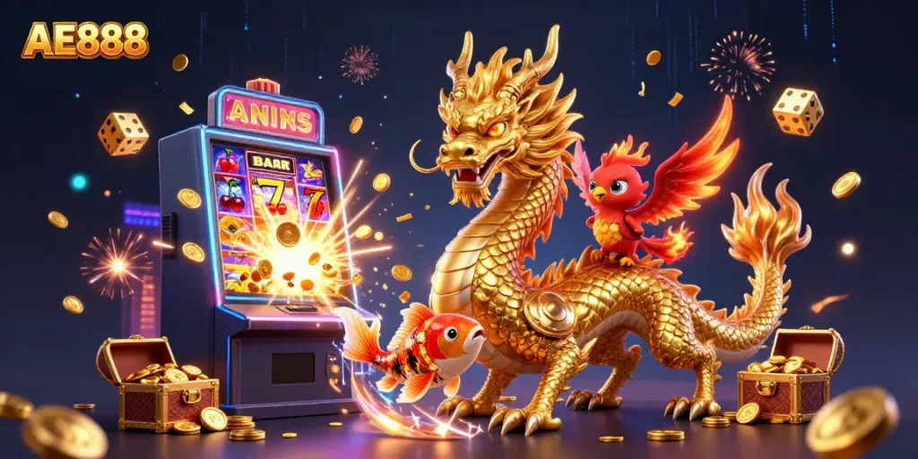 Engage with AE888, featuring a dynamic scene of a golden dragon, phoenix, and koi fish amidst casino elements.