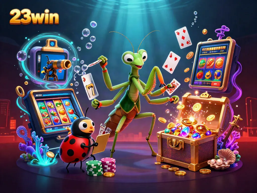 A vibrant scene with a giant praying mantis and ladybug in a casino setting, showcasing 23win's dynamic gaming experience.
