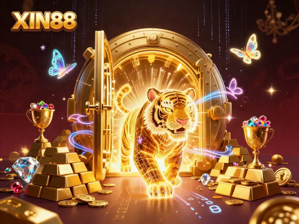 XIN88 captivates players with a vibrant digital casino scene featuring a golden tiger and dazzling gaming elements.