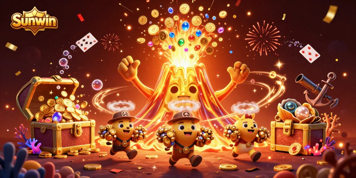Win big with Sunwin as treasures burst from a glorious golden volcano in a vibrant 3D scene.