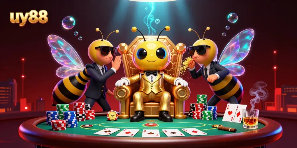 Experience the thrilling action of uy88 at the engaging casino scene with detailed characters and vibrant game elements.