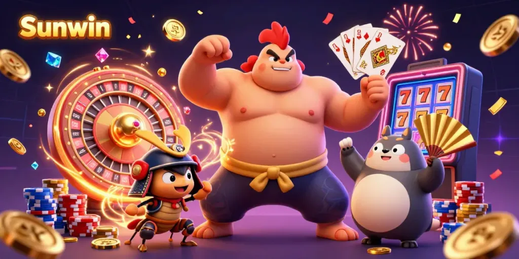 Experience thrilling fun with Sunwin, featuring a powerful sumo rooster and a fierce samurai cricket in a dazzling casino scene.