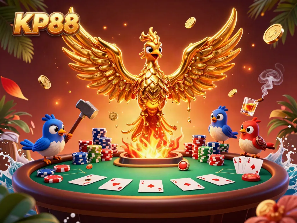 Experience KP88’s thrilling atmosphere with a molten phoenix and vibrant poker scene.