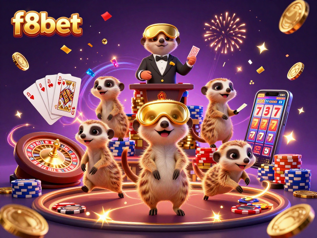 Experience the thrilling excitement of f8bet with lively meerkats in a casino setting, showcasing a dynamic gaming atmosphere.