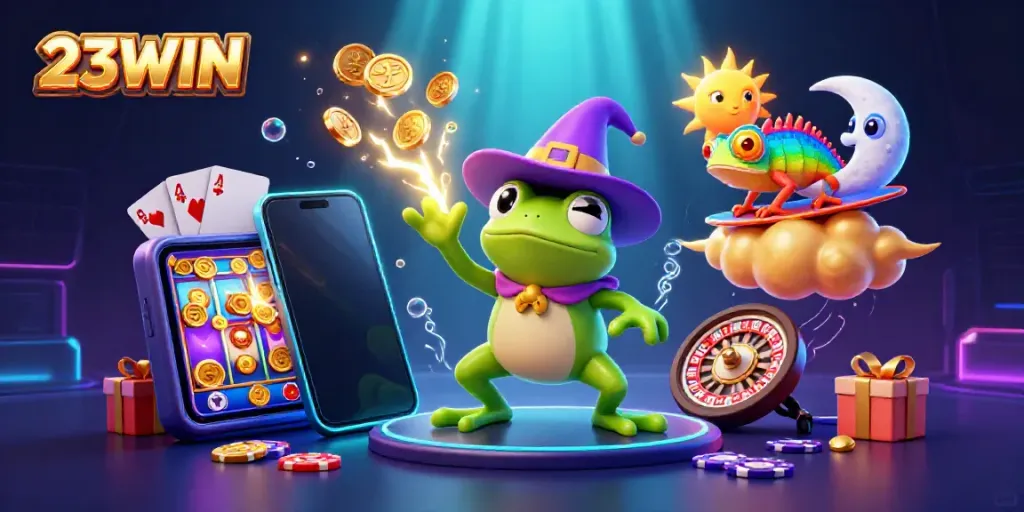 Experience the excitement of 23WIN with a whimsical casino-themed digital illustration featuring vibrant characters and games.