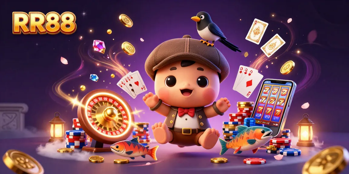 Spin to win big at RR88 with charming characters, golden coins, and vibrant casino elements.