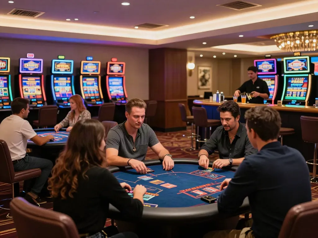 A vibrant scene inside a modern casino where players are engaged at various gaming tables and colorful slot machines, highlighting the appeal of online credit card casinos.