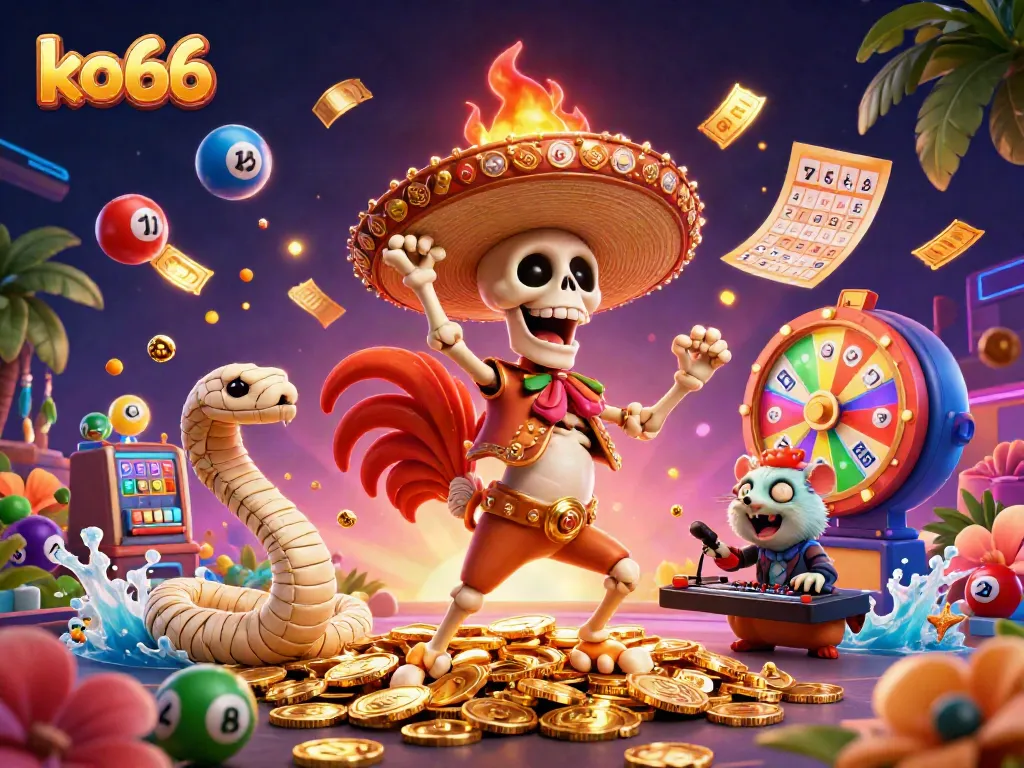 Engage with ko66 by experiencing a lively 3D scene of a dancing mariachi rooster amidst colorful lottery elements, illustrating thrilling gaming adventures.