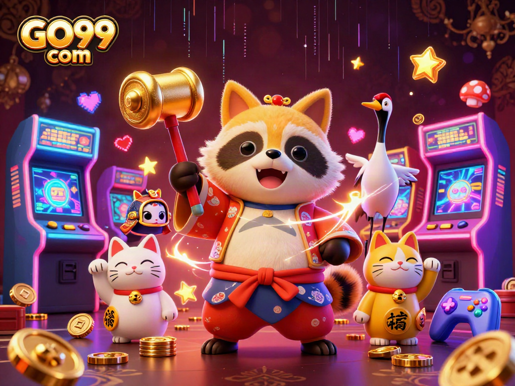 Experience gaming excitement at GO99 com with a vibrant 3D casino scene featuring a lucky tanuki.
