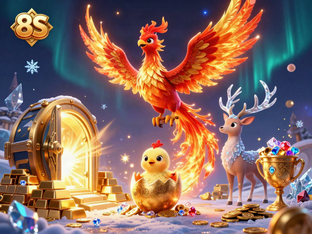 Bet on the stunning 8S casino experience with a vibrant 3D illustration of a phoenix and treasures.