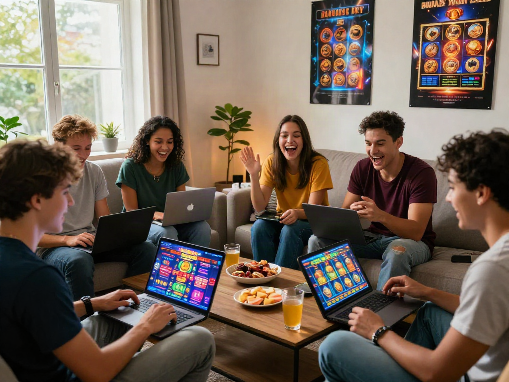 Group enjoying uk bonus buy slots at home with laptops and snacks in a lively atmosphere.
