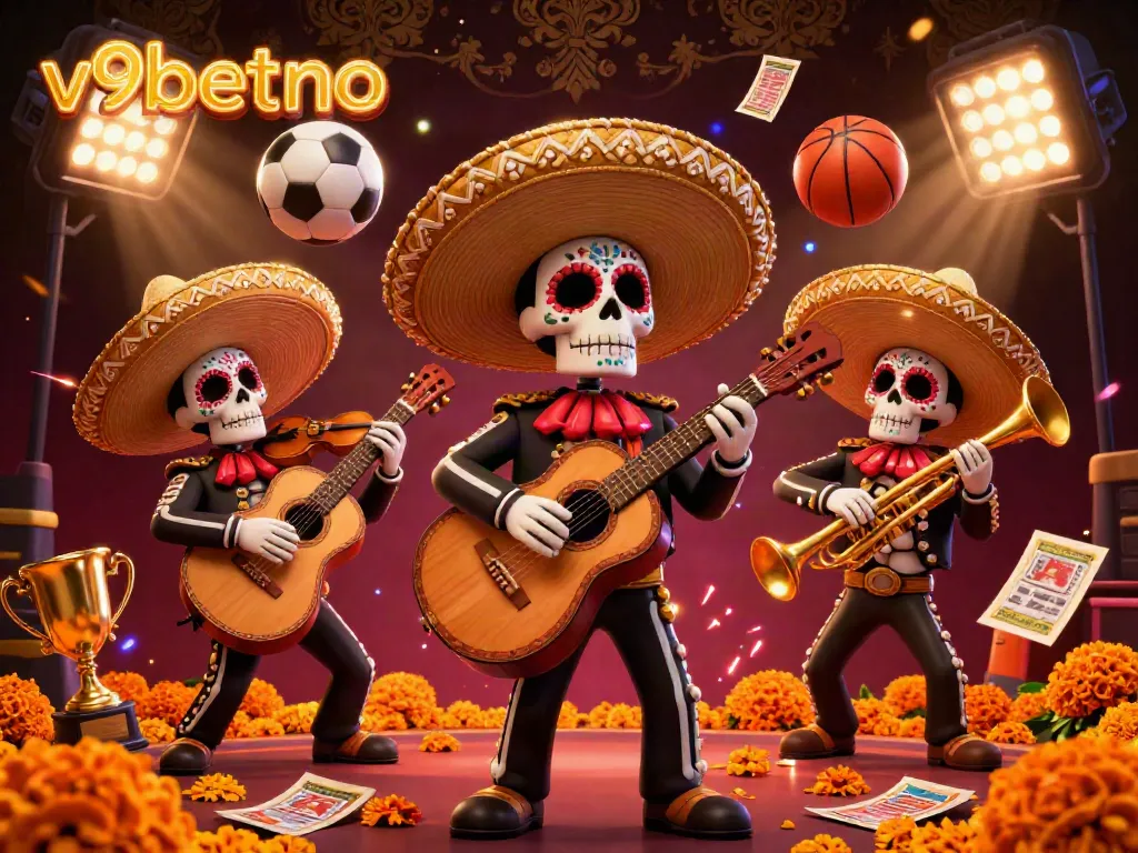 Experience the vibrant energy of v9betno featuring a Day of the Dead mariachi band amidst a festive casino scene.