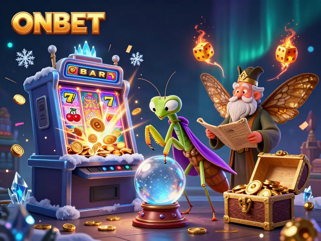 Exciting ONBET casino scene with a whimsical fortune teller and dynamic gaming elements.