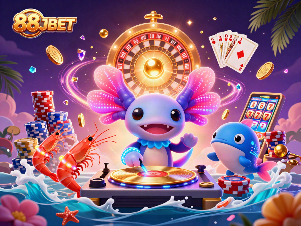 Experience thrilling gaming at 88JBET with the vibrant casino scene featuring neon characters and lively elements.