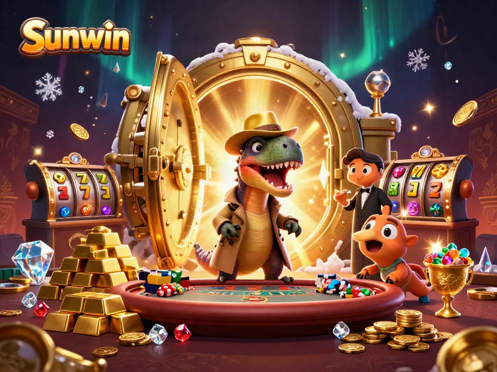 Win big at Sunwin's casino with a lively scene featuring a card counter and a pickpocket, surrounded by riches.