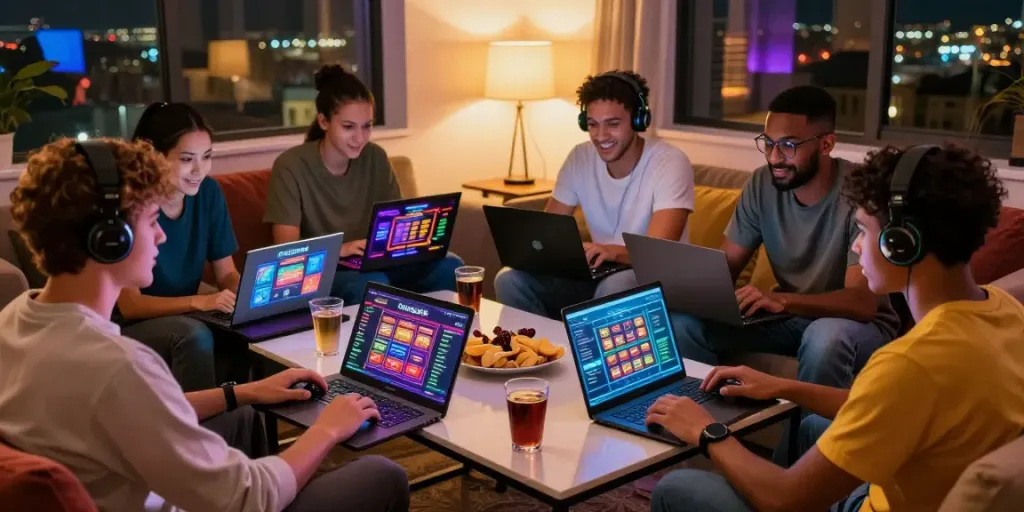 Friends enjoying non GamStop casinos together during a gaming night.