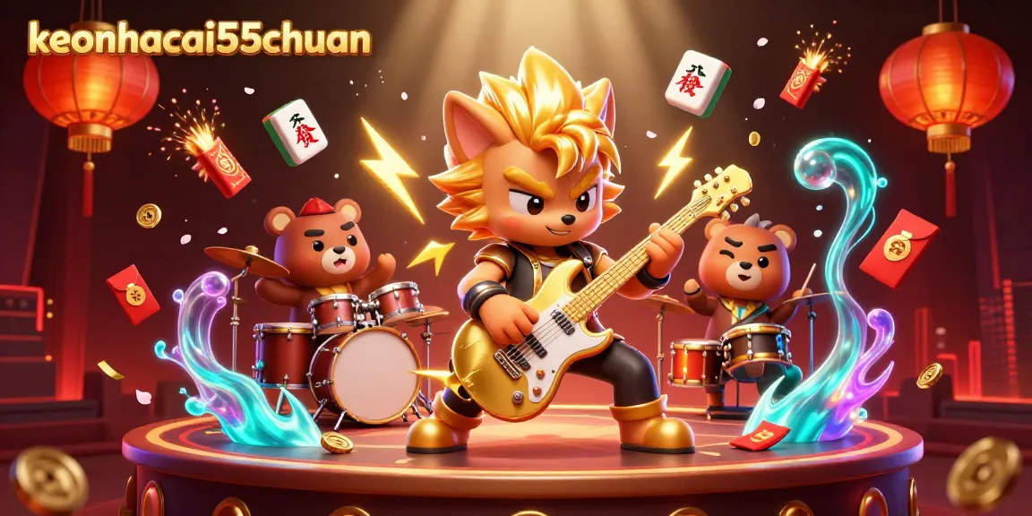 Experience thrilling moments with keonhacai55chuan as a rock star wolf shreds guitar amidst vibrant casino elements.