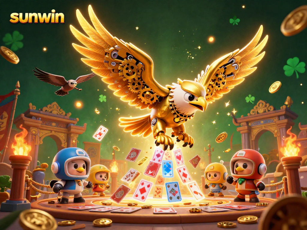 Witness exciting sunwin gameplay as a golden eagle navigates a vibrant casino scene filled with thrilling elements.