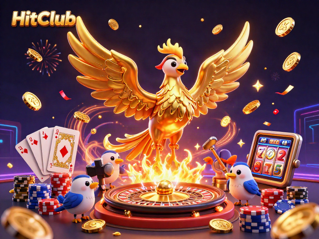 Experience the thrill of HitClub with a golden phoenix heralding exciting casino wins in a vibrant 3D scene.