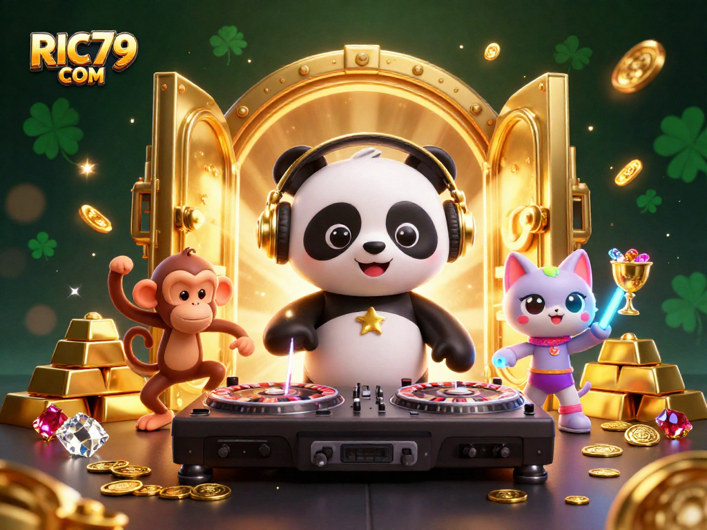 Join the excitement at RIC79 COM with a 3D DJ panda, vibrant characters, and rich casino treasures!