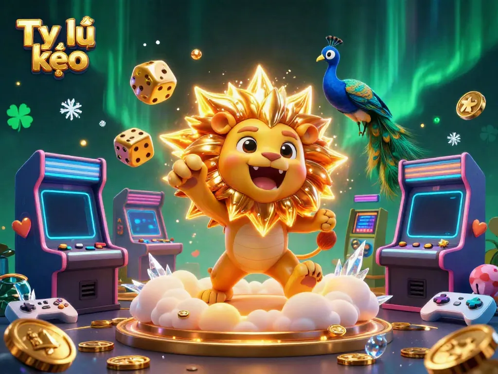Dynamic scene showcasing Tỷ lệ kèo with cartoon lion, golden dice, and vibrant gaming elements.