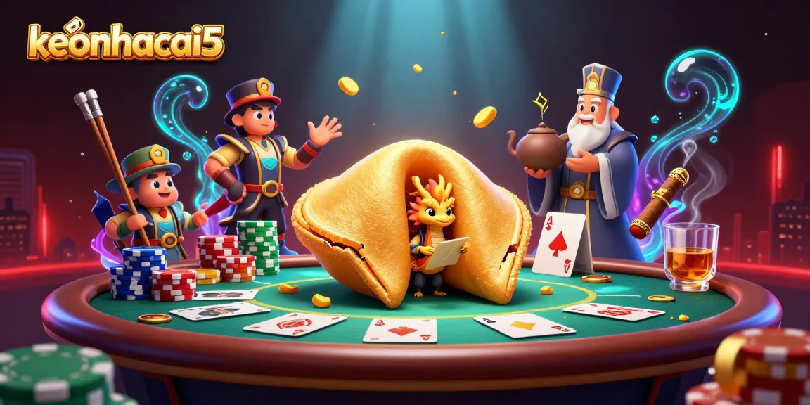 Engage with keonhacai5 while discovering a golden fortune cookie and poker elements in vibrant 3D.