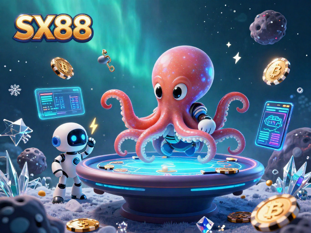 SX88 features a vibrant alien octopus engaging in a dynamic holographic poker game.