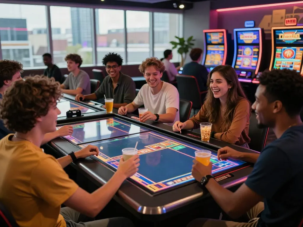 Friends enjoying non GamStop casinos experience at a lively gaming table.