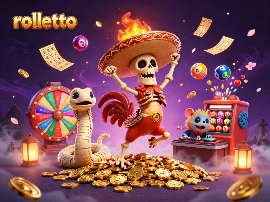 rolletto casino features a vibrant 3D scene with colorful characters celebrating lottery wins.