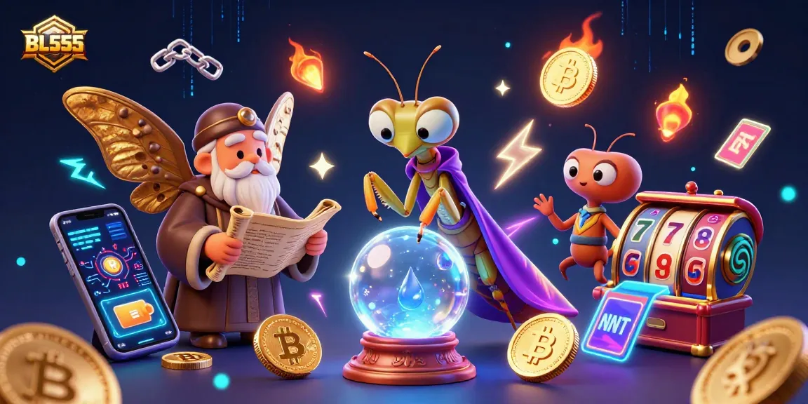 Engage with BL555's top casino features featuring a mystical fortune teller and vibrant slot game elements.