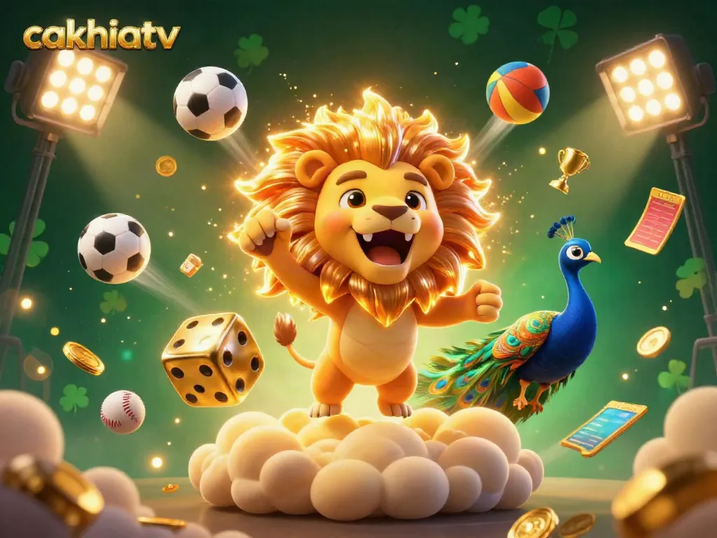 Cakhiatv features exciting sports scenes with a roaring lion, golden dice, and dynamic sports balls.