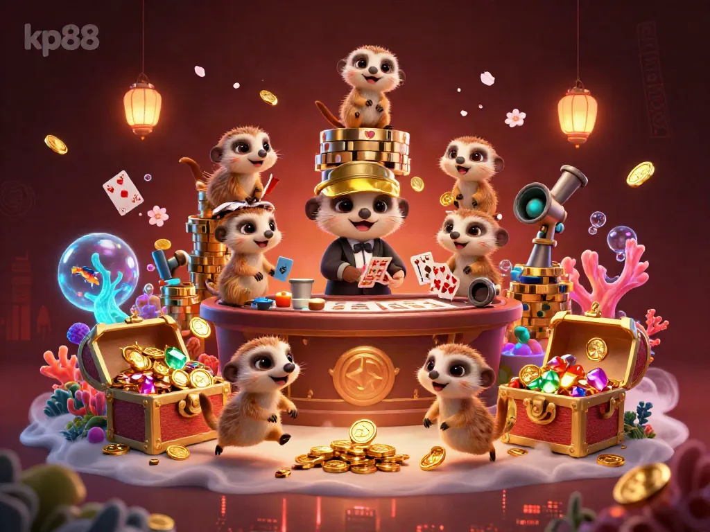 Experience exciting gameplay at kp88 with playful meerkats operating a vibrant casino.