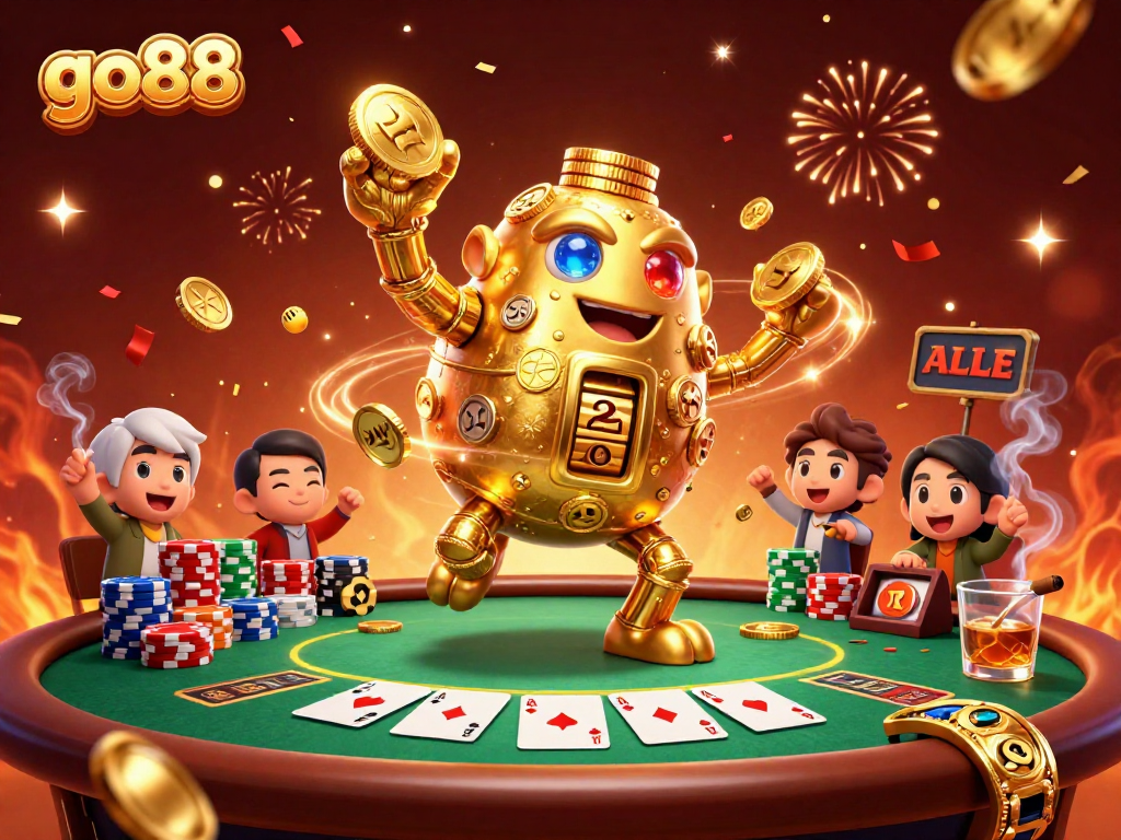 Experience the vibrant action at go88 with a golden golem amidst poker excitement and dynamic casino elements.