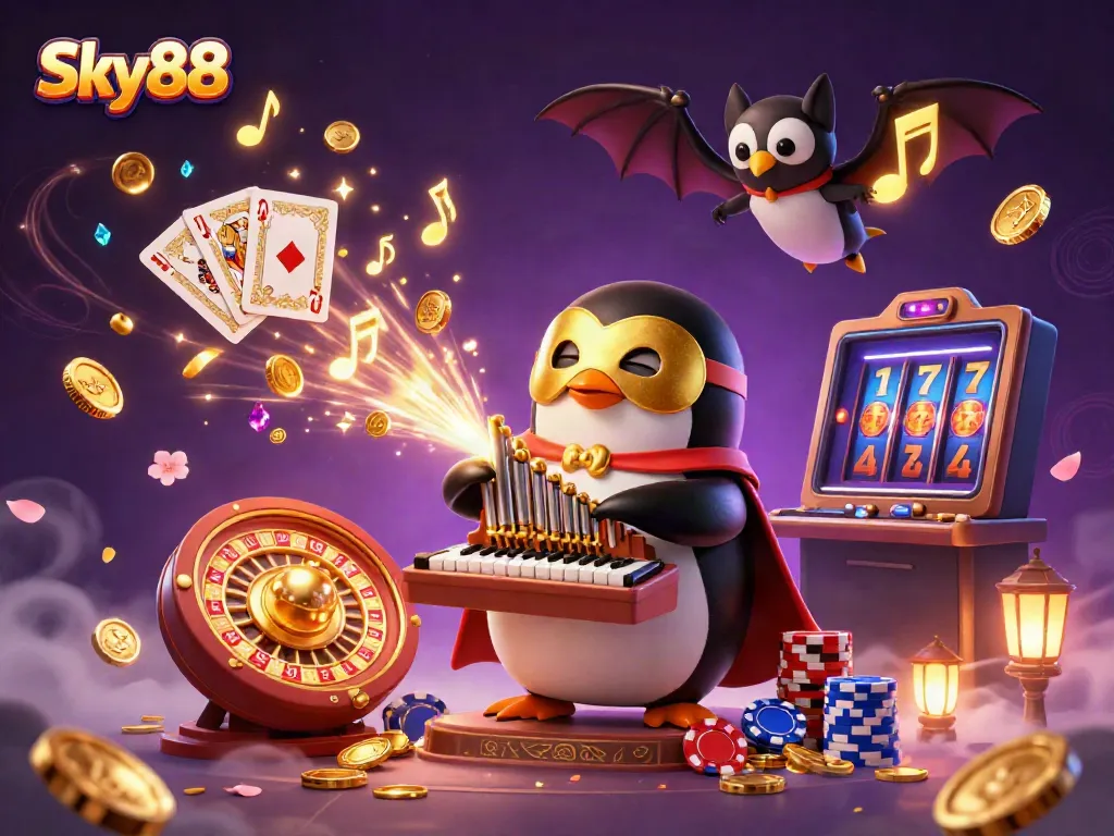 Sky88 offers dynamic gaming excitement with a cartoon penguin and golden coins in this 3D illustration.