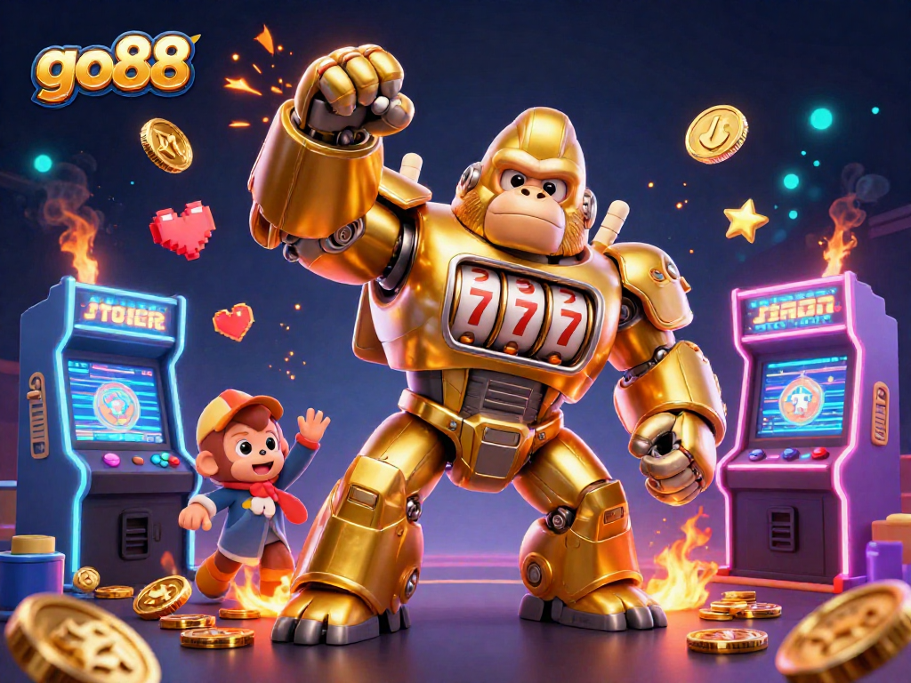 Join the thrilling adventure with go88's 3D golden gorilla mech, celebrating jackpot wins!