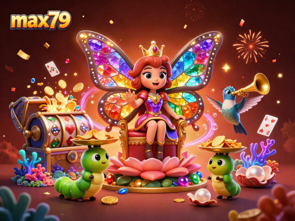 Engage with max79 as the butterfly queen presides over a vibrant casino scene full of games.