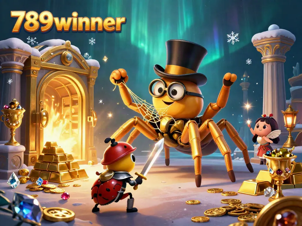 Engage with the vibrant world of 789winner, where a golden tarantula spins a web amidst casino treasures.