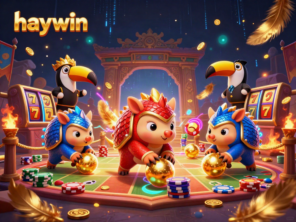 haywin logo illustration featuring cartoon pangolins bowling in a casino setting.