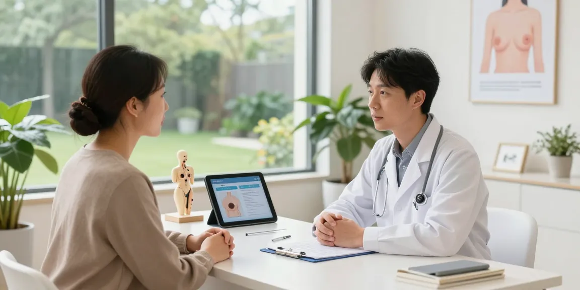 Breast surgery specialist consulting with a patient about treatment options in a modern clinic.