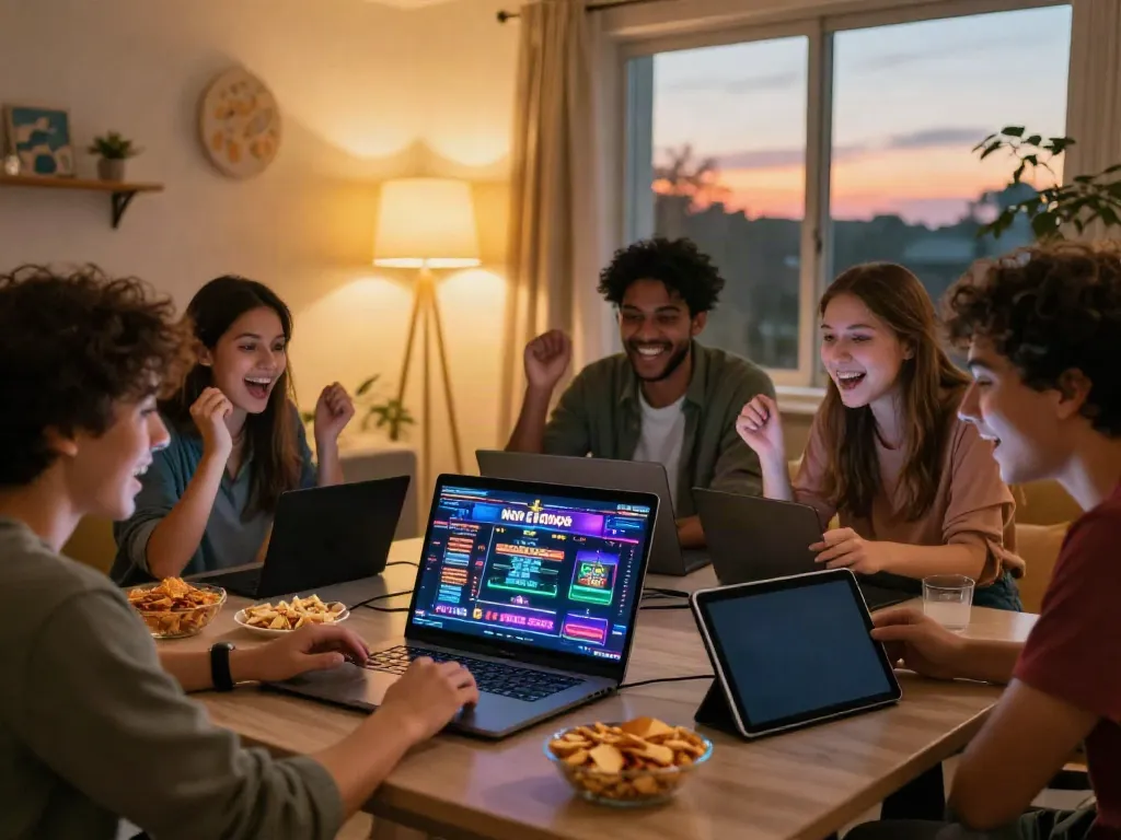 Friends enjoying online gaming at home, exploring non GamStop casinos.